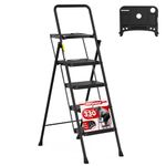HBTower 4 Step Ladder, Folding Step Stool with Tool Platform, Convenient Handgrip Sturdy Steel Ladder, 330lbs/150 kg Max Load, Black