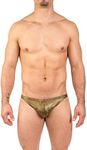 Gary Majdell Sport Men's Print Contour Pouch Ultra Greek Sexy Bikini Swimsuit with Elastic Waistband and Adjustable Printing Interior Drawstring Cord Swimwear for Men (Gold Hologram, Small)