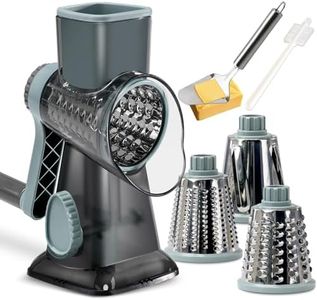 Epzia Rotary Cheese Grater with Handle - Electric Grater, Cheese Slicer, and Vegetable Shredder for Kitchen, 3 Changeable Blades for Cheese, Potato, Zucchini, Nuts, Chocolate - Greyblue