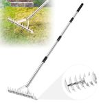 62" Thatch Rake, 15-Inch Wide Lawn Thatching Rake for Cleaning Dead Grass, 11 Curved Steel Tines Double-sided Dethatching Rake for Garden, Lawn, Yard Fertilizing Reseeding Cultivator