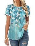 Zeagoo Summer Tops for Womens Casual Floral Shirts Dressy Pleated Blouse Crew Neck Short Sleeve Tshirt