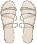 GORGLITTER Women's Rhinestone Flat Sandals Strappy Slip on Open Toe Slide Sandals White Bling 6.5