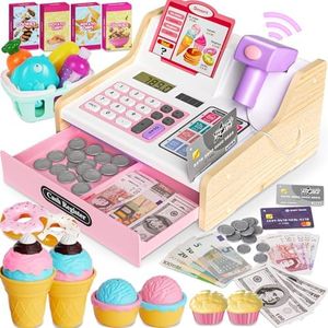 Wooden Cash Register for Kids, Rechargeable Kids Cash Register with Scanner, Pretend Play Cash Register Toy with Fake Money, Food, Credit Card, Toddler Boys Girls Age 2-4 4-8, Pink