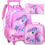 4PCS Kids Rolling Backpack, Unicorn Sequin Wheeled Bookbag for Girls，Travel Roller School Bag with Wheels