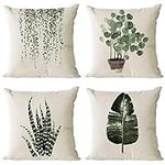 Set of 4 Green Plants Decorative Throw Pillow Covers 12x12 Inch Square Linen Pillow Cases Outdoor Couch Sofa Home Bed Decor Cushion Covers (12 by 12)