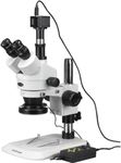 AmScope SM-1TNZ-144A-5M Digital Professional Trinocular Stereo Zoom Microscope, WH10x Eyepieces, 3.5X-90X Magnification, 0.7X-4.5X Zoom Objective, Four-Zone LED Ring Light, Pillar Stand, 110V-240V, Includes 0.5X and 2.0X Barlow Lenses and 5MP Camera with Reduction Lens and Software