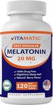 Vitamatic Melatonin 20mg Tablets | Vegetarian, Non-GMO, Gluten Free | HIGH Potency 20 MG | Natural Berry Flavor 120 CAPSULE