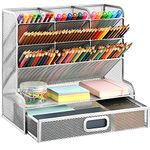 Marbrasse Mesh Desk Organiser, Multi-Functional Pen Holder, Pen Organiser for Desk, Desktop Stationary Organiser, Storage Rack for School Home Office Art Supplies (Silver Pen Holder with Drawer)