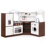 HONEY JOY Corner Kids Kitchen Playset, Ultimate Wooden Play Kitchen for Toddlers, Washing Machine, Ice Maker, Sink, Microwave, Little Chef Pretend Play Toy Kitchen Set, Gift for Boys Girls, Espresso