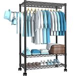 PUNION Heavy Duty Clothing Garment Rack, Freestanding Clothing Rack, Portable Closet Wardrobe with 3 Adjustable Wire shelves 1 Side Hook and 1 Clothe Rod for Hanging Clothes, Black