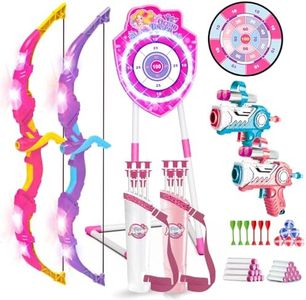 VATOS 2 Pack Bow and Arrow Toy with LED Light - 4 in 1 Archery & Dart Game Set with 20 Suction Cup Arrows, Mermaid Glow Target & Dart Board - Indoor/Outdoor Birthday Gift for Girls Boys Kids Ages 5-12