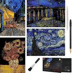 Scratch Art Rainbow Painting Paper, 4 Pcs Vincent Van Gogh Engraving Art & Craft Set, DIY Sketch Card Scratchboard for Kids & Adults, Cafe Terrace at Night, Sunflowers, Starry Night Over the Rhone(VG)