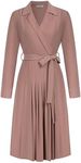 GRACE KARIN Women's Casual Midi Dress Long Sleeve V Neck Belted A-Line Flowy Knee Length Dresses Pink XL