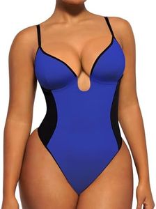 SHAPELLX Shapewear Bodysuit for Women Thong Backless Body Shaper Tummy Control U Plunge Strapless Top Corset Bodysuit, A1-blue, Medium