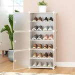 PESOMA Plastic Shoe Rack - 6 Layer DIY Shoe Rack Organizer with Door, Multipurpose Shelf Storage, Adjustable Shoe Organizer, Shoe Stand for Heels/Shoes/Slipper (White)