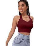 GLARE & BLAIR Ribbed Stylish Sleeveless Halter Neck Crop Tank Regular Fit Top For Women (Medium, Maroon)