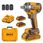 Ingco Brushless Impact Wrench 400NM Nut-Busting Torque: 550Nm, 1/2" 20V Cordless Impact Gun, Variable Speed 2300RPM, 2900BPM with 2Pcs 2.0Ah Battery and 1Pcs Charger CIWLI2040