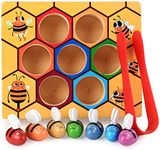 Toddler Fine Motor Skill Toy - Clamp Bee to Hive Matching Game - Montessori Wooden Color Sorting Puzzle Early Learning Preschool Educational Kids Toys for 3 4 5 Years Old Boys and Girls Gift