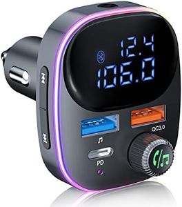 Newest Bluetooth V5.3 FM Transmitter, SOARUN Bluetooth Car Transmitter Car Radio Transmitter Hands Free Car Kit MP3 Player QC3.0 PD3.0 Car Charger with LED Display Support USB Drive Colorful Light