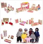 DecoBay Wooden Dolls House Furniture 4 Sets, 5 Sets, 6 Sets Bedroom, Kitchen, Bathroom and Living Room with Family Dolls (6 Sets of Rooms and 7 Black Family Dolls)