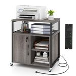 COSTWAY Mobile File Cabinet, Lateral Stationery Storage Cabinet with Charging Station and Cable Management Hole, Home Office Rolling Printer Stand Side Filing Cupboard Document Organiser Unit (Gray)