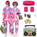 shengo 80s 90s Costume for Men Women, 80s Fancy Dress 80's Shell Suit Outfit, Fashion Retro Tracksuit Beach Costume, 80s Hippie Costume Accessories Outfit for Halloween Carnival Party(Pink, S)