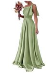 BessDress One Shoulder Bridesmaid Dress with Pockets Satin Long Prom Dress A Line Cocktail Party Gown BS216, A-sage Green, 6