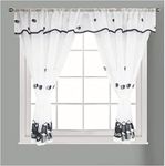 Householdfurnishing Embroidered Kitchen Window Pair Curtains Set Rod Pocket with Attached Valance & Tiebacks (Black White, W 48 x L 48 Inch)