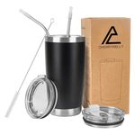 CherryKelly 20oz (550ml) Travel Tumbler Double Wall Vacuum Insulated Coffee Mug Stainless Steel Coffee Cup with 2 Splash Proof Lid, 2 Straws & Free Cleaning Brush, BPA Free - Black