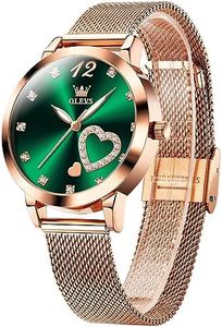 OLEVS Womens Rose Gold Watch Large Face Analog Watches Women Minimalist Heart Diamond Ladies Watches for Small Wrists Elegant Water Resistant Watch for Women Mesh Band Green Dial Reloj de Mujer