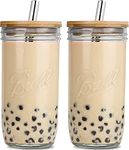 Reusable Boba Cup Smoothie Tumbler Glass Bubble Tea Cup, 2 Pack Wide Mouth 22oz Iced Coffee Glasse Cup with Bamboo Lid and Straw, Mason Jar Cup Drinking Glasses Tumbler