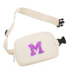 COSHAYSOO Small Waist Fanny Pack Belt Bag Crossbody with Initial Letter Patch for Teenager Girl Traveling, Mini Cross Body Purse Travel Accessories Preppy Stuff Cute Birthday Gift Idea Ivory M