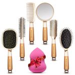 MAJESTIQUE 6 In 1 Hair Brush Set - Golden Series Styling Brush, Makeup Mirror & Wide Tooth Comb Hair Brush Combo for Women & Men, Great on Wet or Dry Hair, Hair Combo Set of 6Pcs