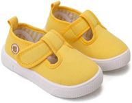 GENGASUN Toddler Girls T-Strap Canvas Sneakers for Little Kids Classical Comfortable Mary Jane Canvas Flats, Non-Slip Casual Canvas Sneaker for Girls(Yellow,4)