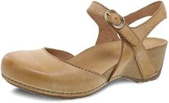 Dansko Tiffani Wedge Sandal for Women - Cushioned, Contoured Footbed for All-Day Comfort and Support - Hook & Loop Strap with Buckle Detail - Lightweight Rubber Outsole, Tan, 7.5-8