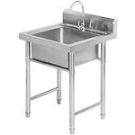 Freestanding Stainless Steel Sink - Single Bowl Commercial Kitchen Sink Set - with Faucet, Washing Hand Basin & Backsplash - Restaurant Laundry Room Sink for Indoor Outdoor (Size : 50x50cm(20x20inch)