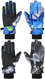 Honoson 2 Pairs Kids Snow Gloves Winter Waterproof Ski Gloves for Boys Girls Outdoor Toddler Snowboard Warm Youth Gloves(6-13 Years,Retro Pattern)