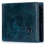 BULLCAPTAIN RFID Wallets for Men Slim Bifold Genuine Leather Front Pocket Wallet with 2 ID Windows QB-05, Peacock Blue, Small, Retro