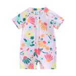 Baby Girls Cute Floral Print One Piece Swimsuit Summer Short Sleeve Zipper Bathing Suits Infant Short Rash Guard (Pink, 2-3 Years)