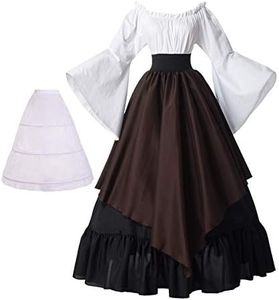 BPURB Women Renaissance Medieval Costume Trumpet Sleeve Peasant Shirt and Skirt with Petticoat (Black/Coffee,M)