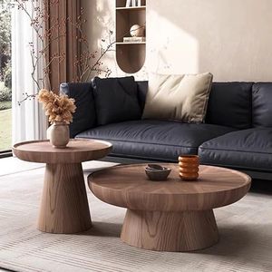 FHKJ Round Nesting Coffee Table Set of 2 – 35.43" & 19.69" Modern Walnut Wood Coffee & Side Tables, Lipped Edge, Mid Century Living Room Table for Small Space, Fully Assembled