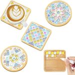 ASTNIC 4 Sets DIY Mosaic Tiles for Crafts, Mixed Color Stained Glass with Bamboo Mosaic Tiles Coaster Making Kit for Drinks Tray Home Art and Crafts for Adults Women Girls Gift (Colorful Geometric)