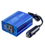 Bapdas 150W Car Power Inverter with 1 DC 12V to 110V AC Outlet Converter and 2 USB Ports Auto Charger Adapter for Laptops and Smartphones-Blue