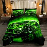 Feelyou Kids Boys Sports Car Comforter Set Queen Size Green Race Car Comforter for Kids Teens Room Decor Extreme Sports Theme Bedding Set Cool Speed Luxury Car Decor Quilt Set Soft for All Season