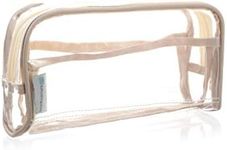Clear Makeup & Brush Bag / Long Cosmetic Pouch for Travel / Vegan Leather Piping / Small See Through PVC Plastic & Transparent Design / Hair Product Organizer (Ivory)