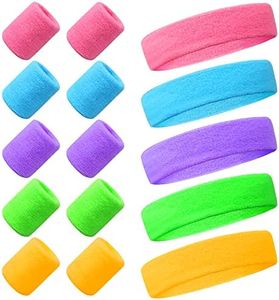 Ensemble Bandeau et Serre-Poignets, 15Pcs Bandeaux Sport Fluo, 5Pcs Bandeau Sport et 5 Paires Serre Poignet Fluo, Bandeau Année 80 et 90 Rétro pour Carnaval Soirée(5 Couleurs) Multicolores
