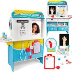 Get Well Doctor Wooden Activity Center - Kid's Pretend Play Medical Playset w 16 Fun Accessories, Dual Sided, Office Checkup Kit X-Rays Blood Pressure Cuff- Roleplaying Center for Boys & Girls 3+ Gift