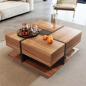 BTM Table Basse Salon, Table Basse Design avec 4 tiroirs, Table Basse Moderne avec Rangement en Bas, Table Basse Carrée, Table Basse Bois&Noir, 78x78x36 cm