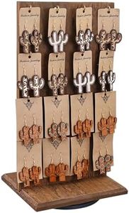 Ikee Design Wooden Rotating Two-Sided Jewelry Display Stand, Rotating Organizer with 32 Hooks for Store, Earring Display with Hooks, KeyChain Display, Brown color, 9 W x 7.5 D x 16.5 H in