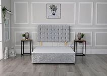 Comfy Deluxe LTD Crushed Velvet Divan Bed Base with Matching Fabric Omega Cube Headboard (No mattress will be provided) (Silver, 4FT6-0 Drawers)